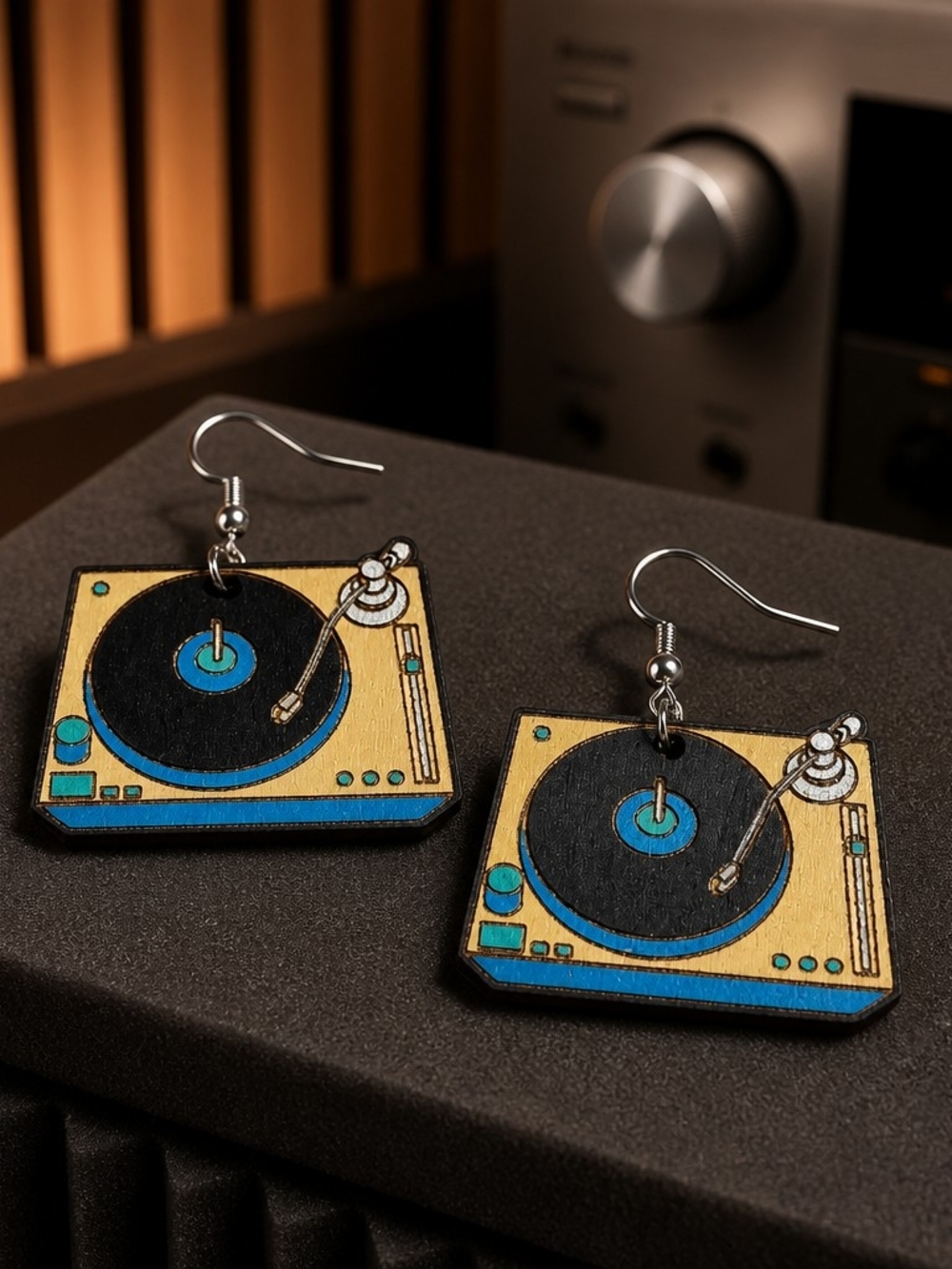 Wooden Turntable Earrings in Black, Blue & Tan - Vinyl Record Earrings
